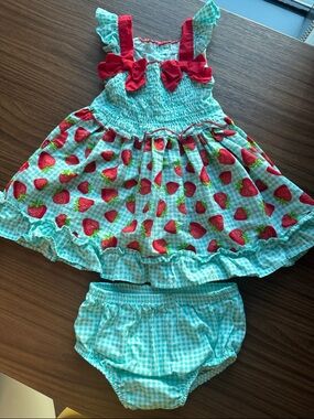 Nannette Aqua Gingham Strawberry Dress with Red Bows and Matching Bloomers